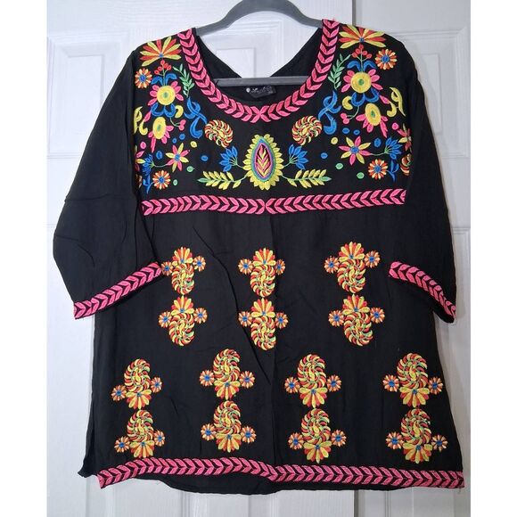 Women medium Mexican full embroidery blouse huipil el interior jalapa hippie top - Picture 3 of 8